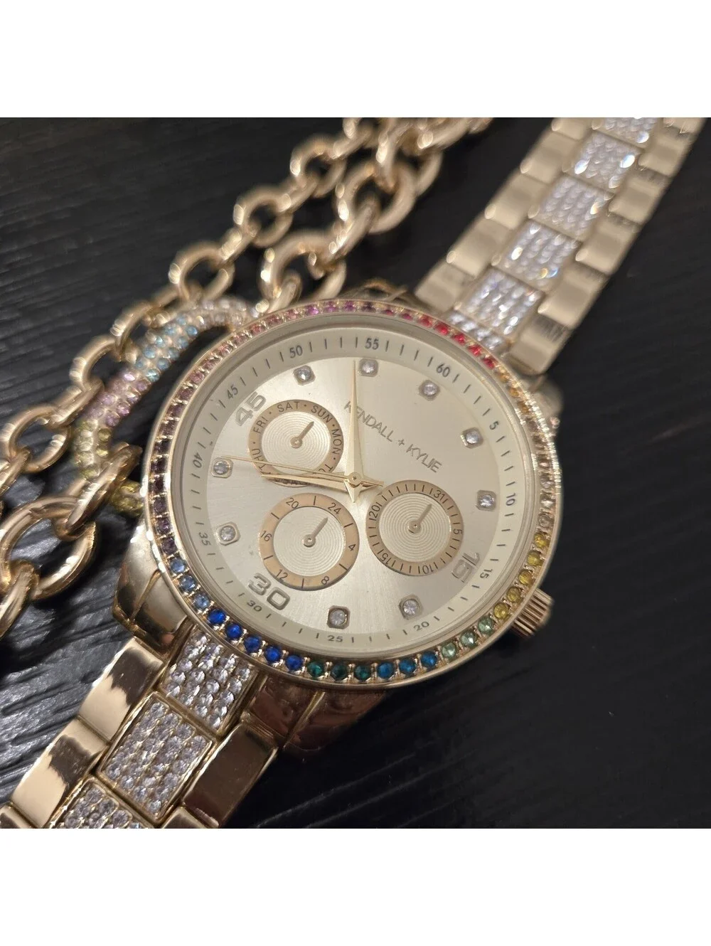 Kendall Kylie Gold Tone Rainbow Rhinestone Watch Bracelet Set Womens New In Box